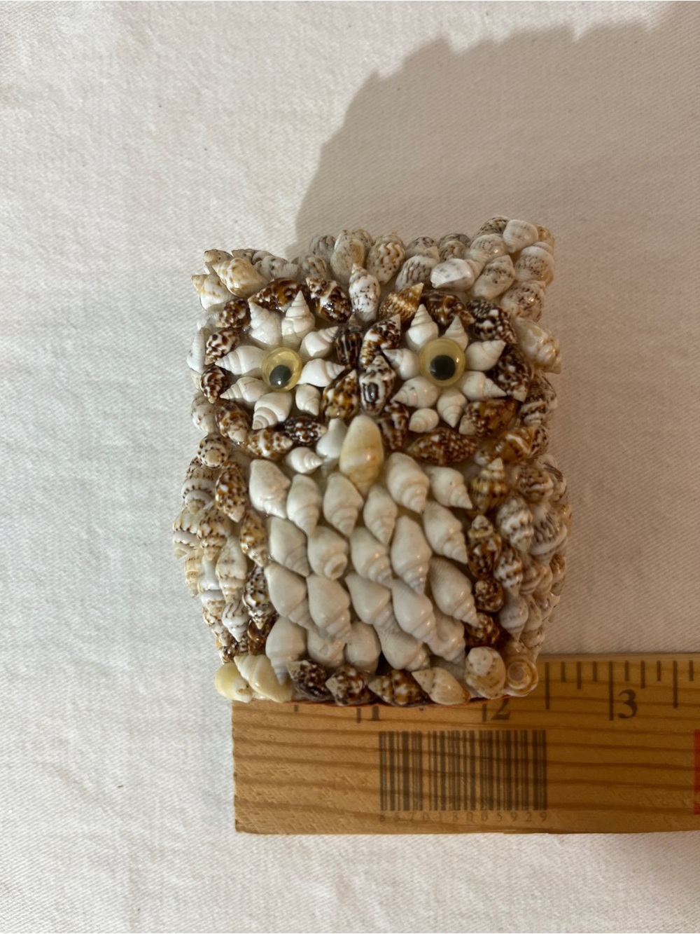 Vintage Handcrafted Seashell Owl Sculpture in Natural White and Brown